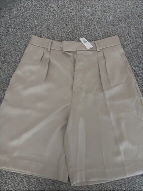 High-Waisted Beige Pleated Satin Shorts
